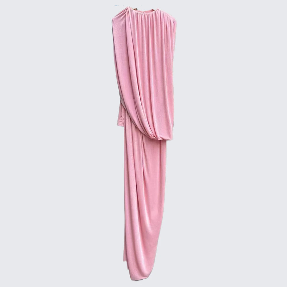 Spliced Folds Irregular Tunic Dress | Long Sleeve A-Line Ankle-Length Dress