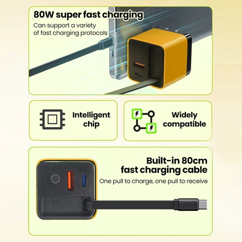 Chargeur de téléphone USB Type C 80 W Super Rapide avec câble USB C télescopique pour iPhone 16 15 Samsung Ordinateur portable avec lumière
