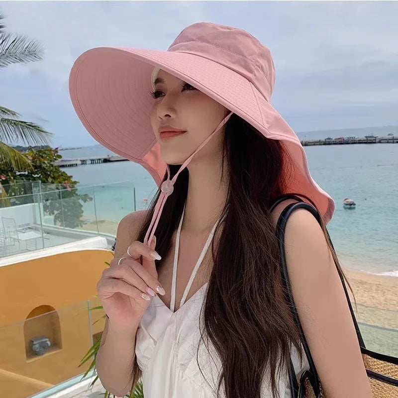 1pc Women Sun Hat Anti Hiking Fishing Hats Wide Brim Foldable Summer Beach Hat with Neck Cover Outdoor Visor Caps