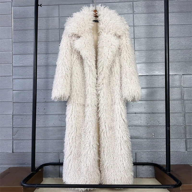 LANMREM Colorful Women's Furry Coat Rose Pink Faux Fur Coat Suit Collar Autumn Winter Thick Cardigan Long Overcoat Chic 2DB5859