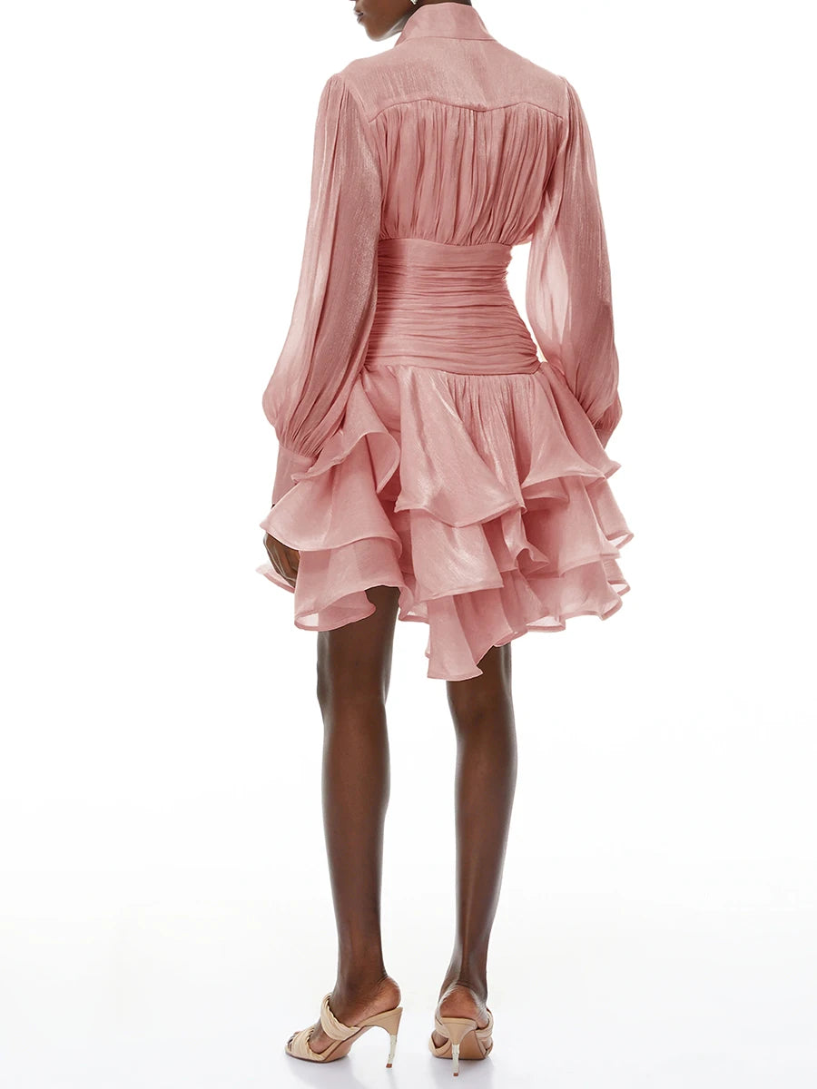 VGH Elegant Pink High Neck Organza Fabric Mini Dresses for Women Puff Sleevs Ruched Waist Tiered Ruffles for Cocktail Parties