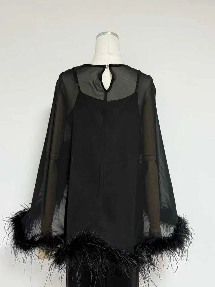 VGH Formal Feather Cape Sleeve Maxi Dress for Women O Neck Spaghetti Strap Floor Length Long Evening Prom Cocktail Party Gown