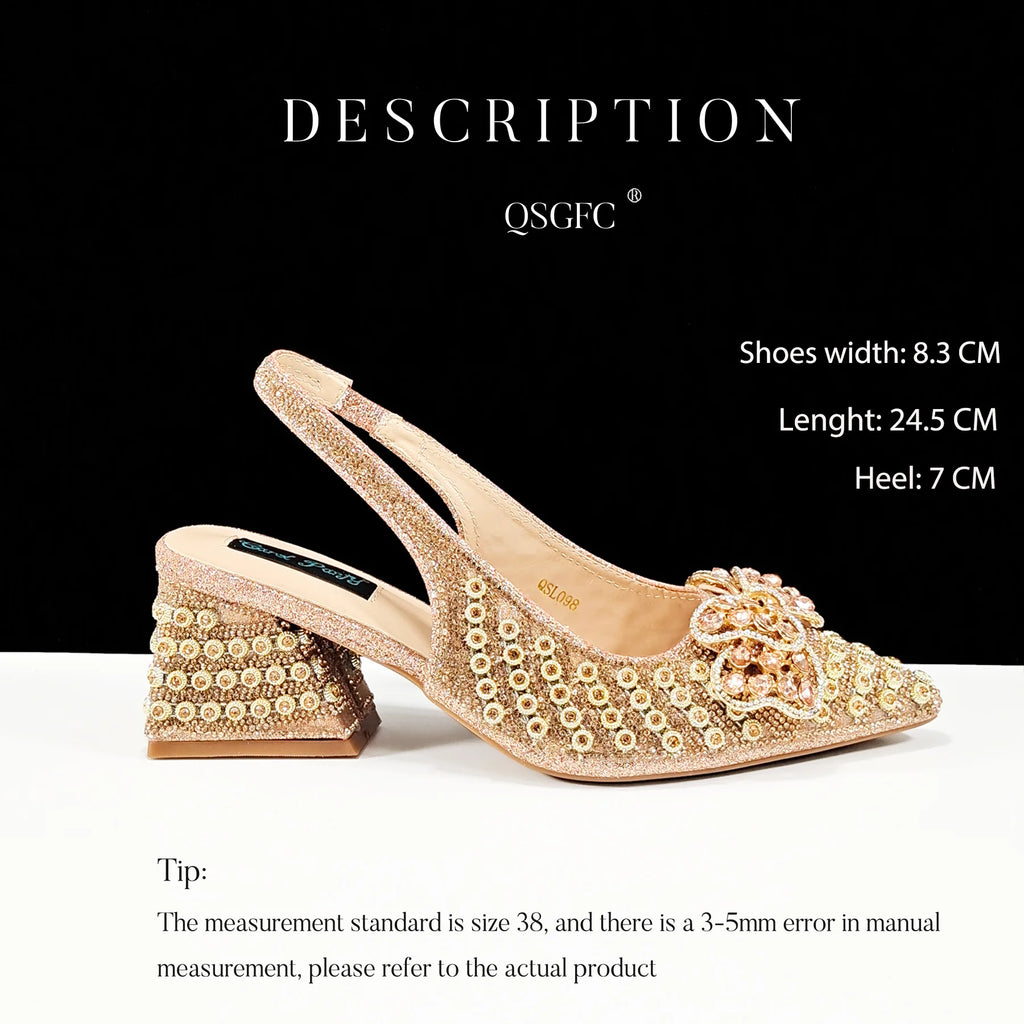 2026 New Arrival Italian-Inspired Champange Rhinestone Pointed Toe Women’s High Heels with Matching Handbag Set Elegant Wedding