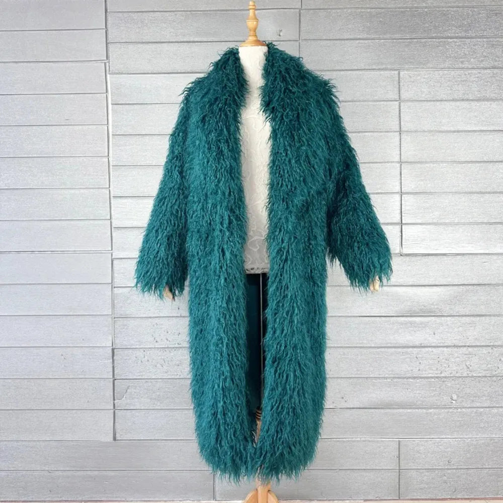 Veste en fausse fourrure femme, manteau long épais et duveteux pour l'hiver, shaggy, ouvert, col rabattu, streetwear