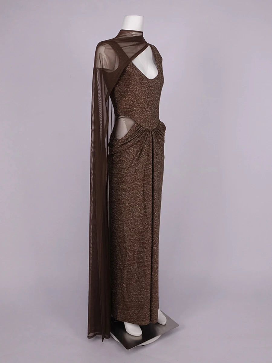 VGH Chic Sparkly Sequin Mermaid Maxi Dress for Women Deep V Sleeveless Mesh Cutout Waist with Sheer Cape for Evening Party Gown