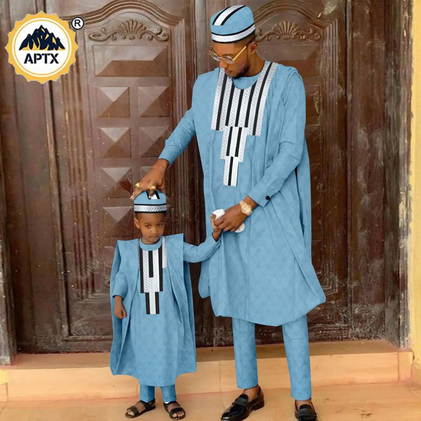 Tenue assortie africaine pour la famille en Bazin Riche, ensembles musulmans, vêtements Dashiki père et fils, robe Agbada, chemise et pantalon, chapeau Y23F001
