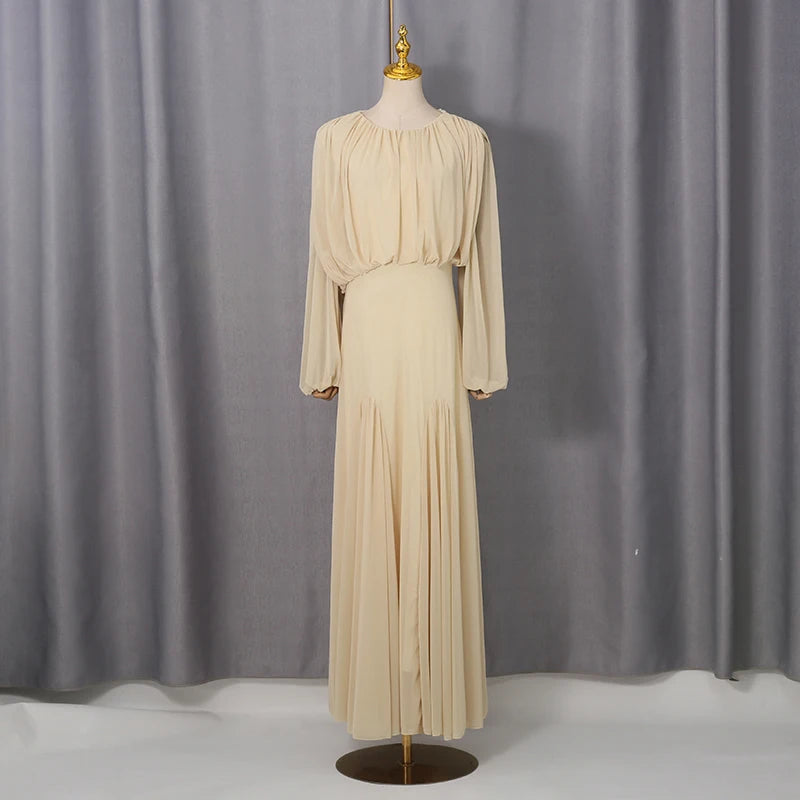 VGH Yellow Dinner Loose Folds Maxi Dresses for Women O Neck Shoulder Pud High Waist Temperament Dress Female Fashion Clothing