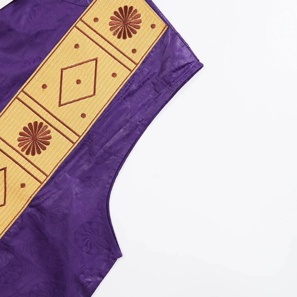 African Clothes for Men Bazin Riche Embroidery Design Long Sleeve Tops And Pants Suits 3 PCS Traditional Purple Outfit
