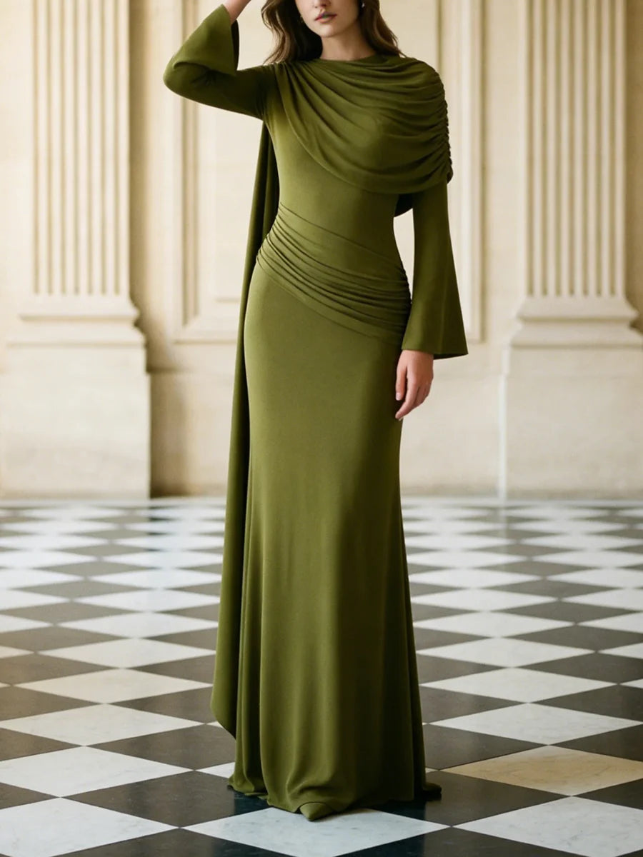 VGH Wedding Guests Green Shawl Mermaid Maxi Dress for Round Neck Flared Long Sleeve Draped Bodycon Skirt for Galas Red Carpet