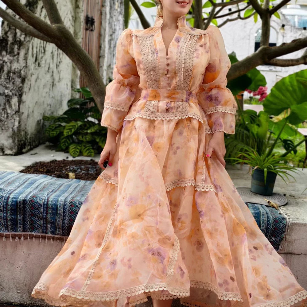 VGH Spring Colorblock Printing Dress for Women Stand Collar Puff Sleeves High Waist Elegant Birthday Party Long Dresses Female