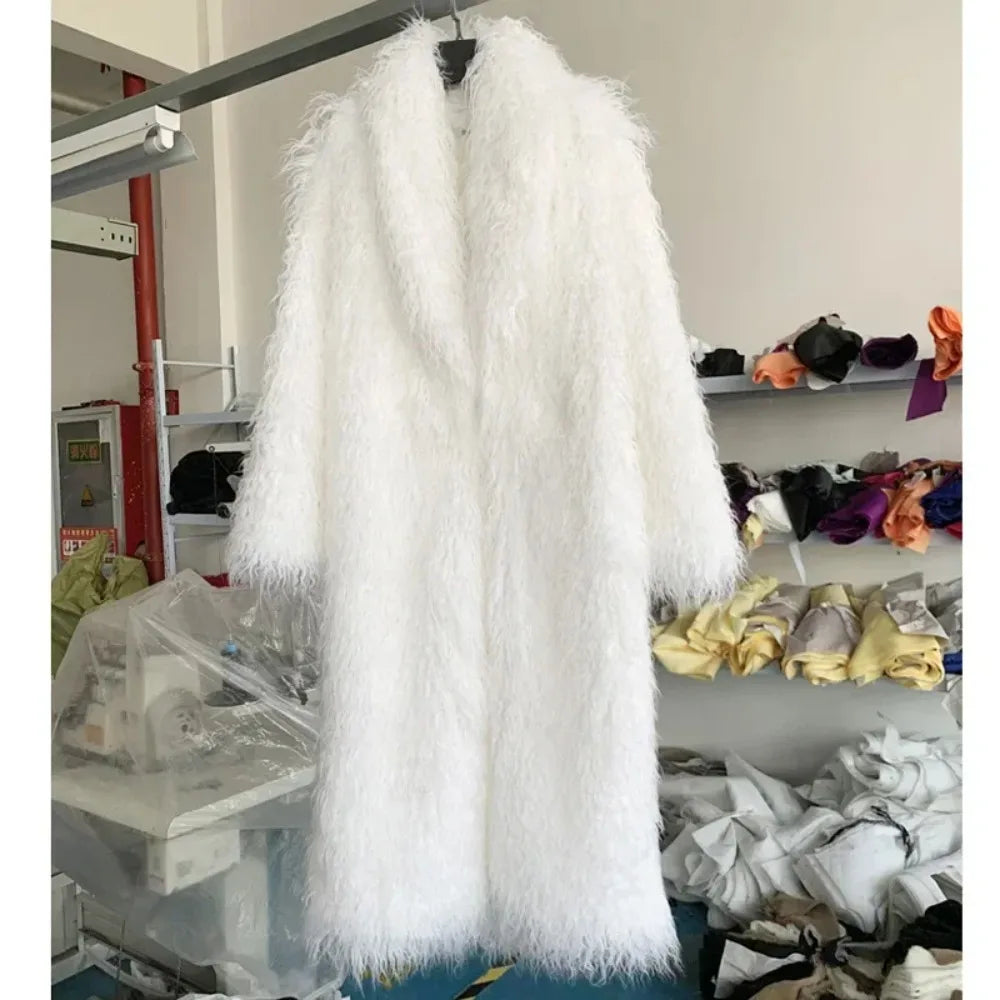 Veste en fausse fourrure femme, manteau long épais et duveteux pour l'hiver, shaggy, ouvert, col rabattu, streetwear