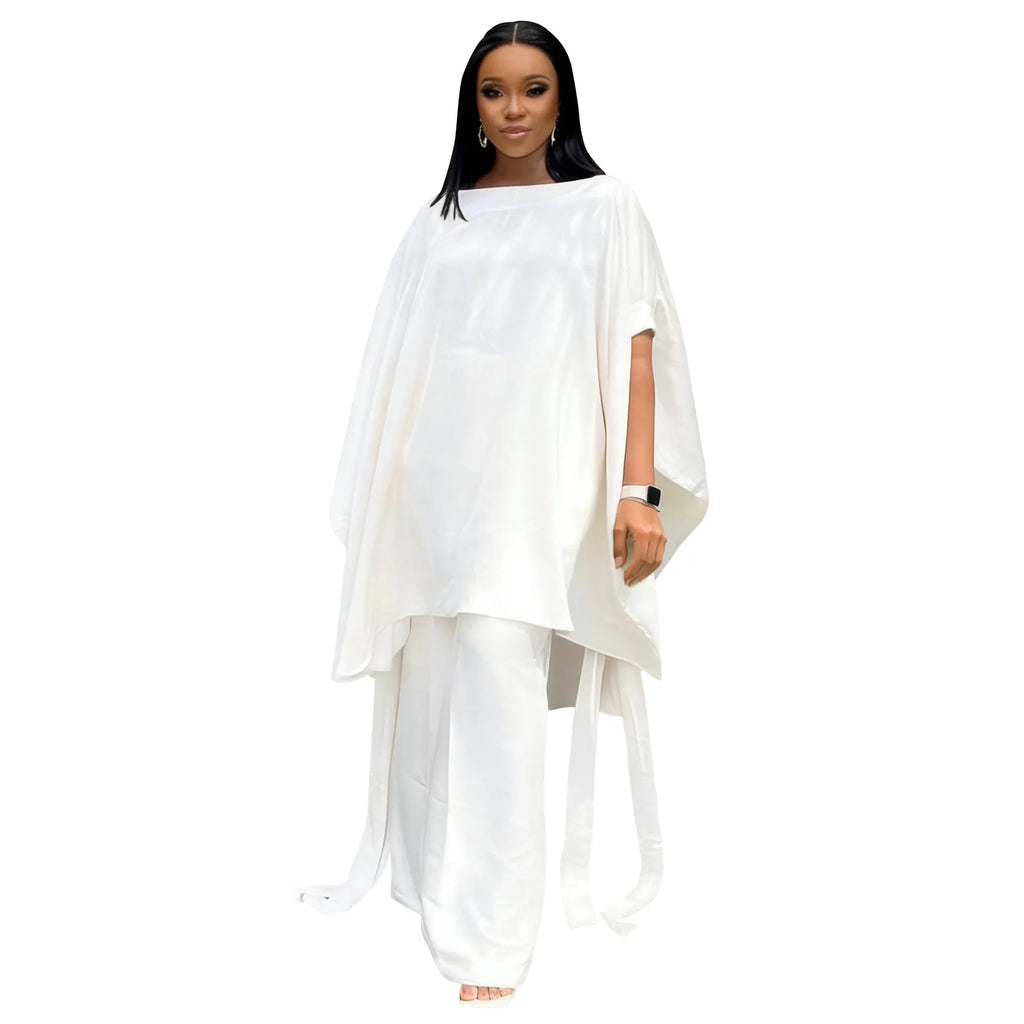 Plus Size Summer N8172 Silk Satin Set Design Shoulder Shawl Top Wide Leg Pants Outfit Elegant Street Style for Women Universa...