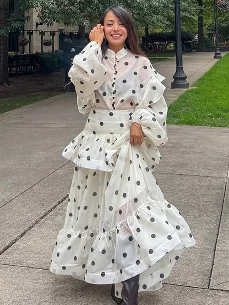 Polka Dot Two-Piece Set | High Collar Top & Ankle-Length Skirt