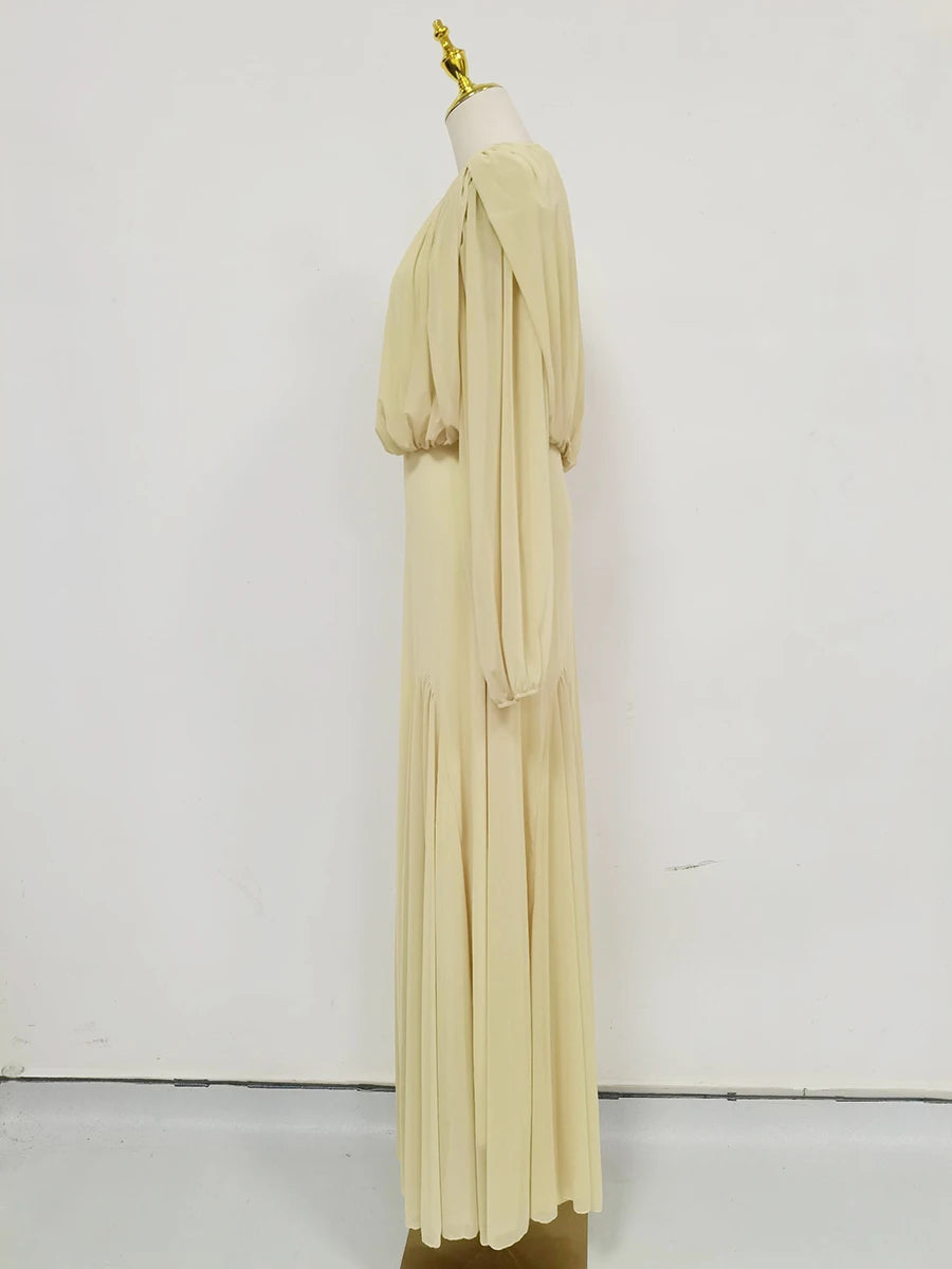 VGH Yellow Dinner Loose Folds Maxi Dresses for Women O Neck Shoulder Pud High Waist Temperament Dress Female Fashion Clothing
