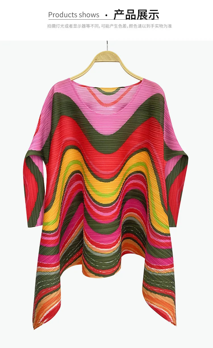 2025 Spring New Women's 2 Piece Set Miyake Pleated Top Fashion Stripe Age Reducing Suit Fashionable Matching Printed Half Skirt
