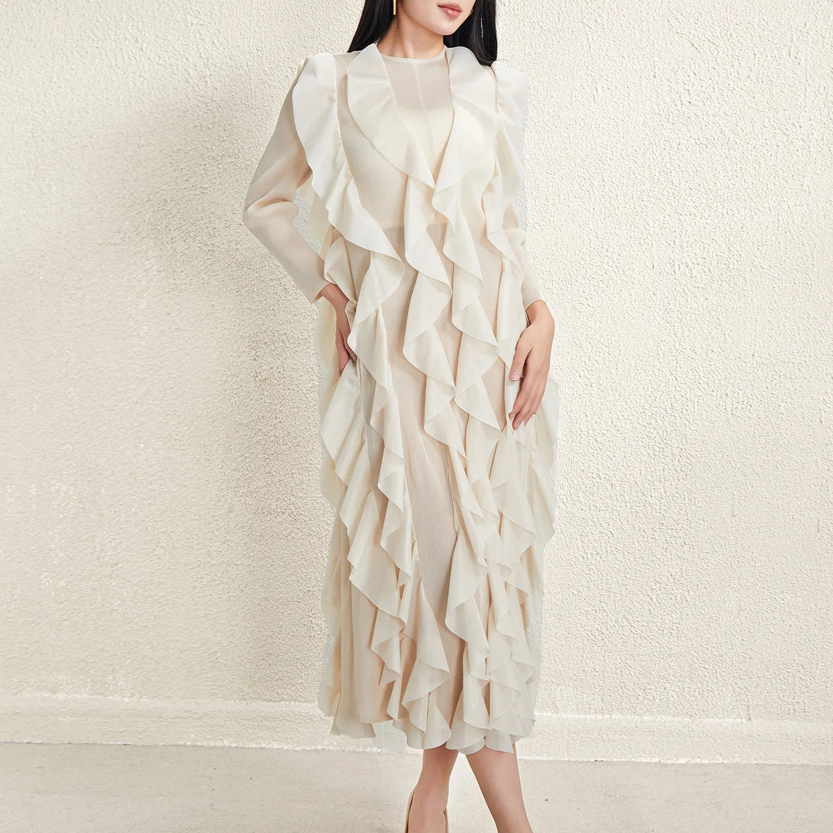 Miyake Style Pleated Dress for Women 2025 Solid Color Round Neck Long Sleeve Loose Large Size Ruffled Irregular Long Skirt