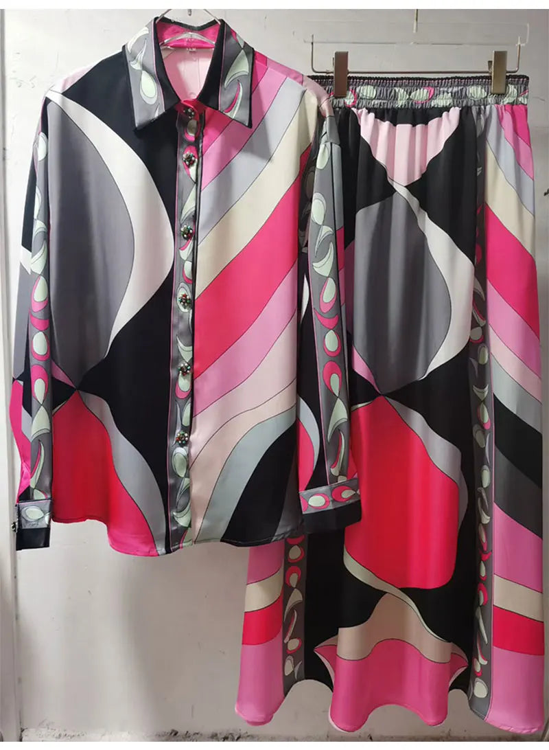 Retro Spring Fashion Two-Piece Set Geometric Print Long Sleeve Shirt Elastic Waist Fluffy Skirt Women's Holiday Outfit