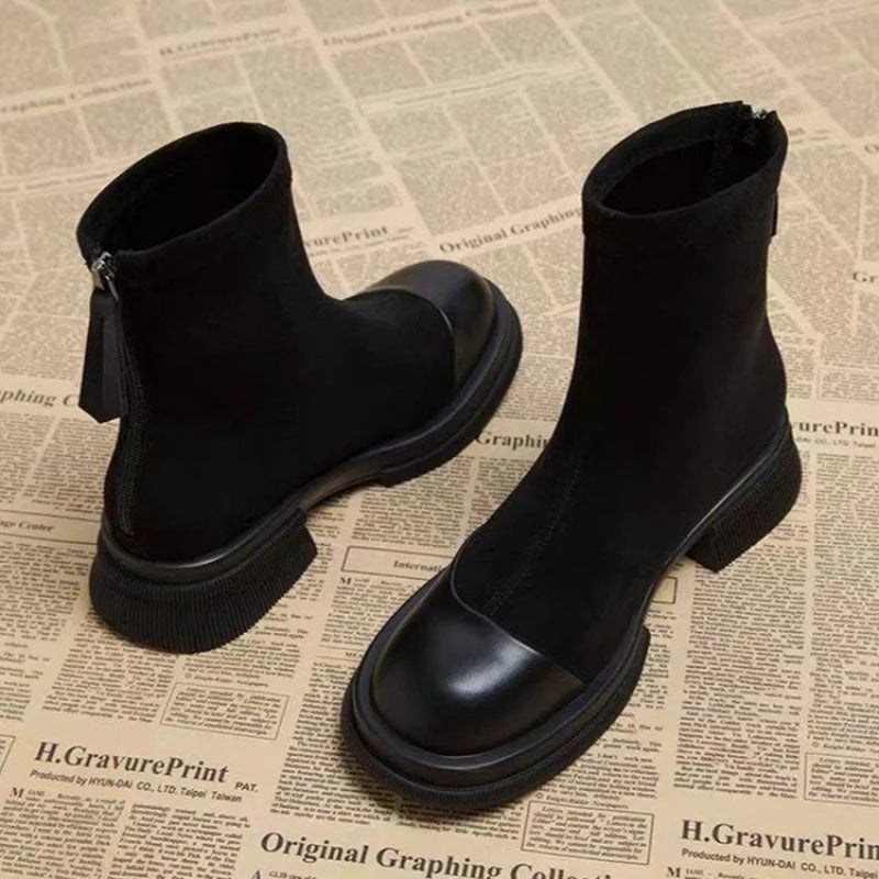 Women Patchwork Suede Ankle Boots Back Zipper Chunky Platform Heel Short Boots Fashion Autumn Winter Botas Mujer