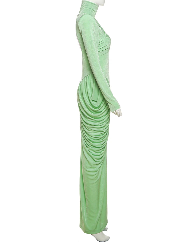 Weird Puss Autumn New Style Maxi Dress Women Turtleneck Full Sleeve Backless Skinny Stretch  Prom Party Ruched Elegant Vestidos