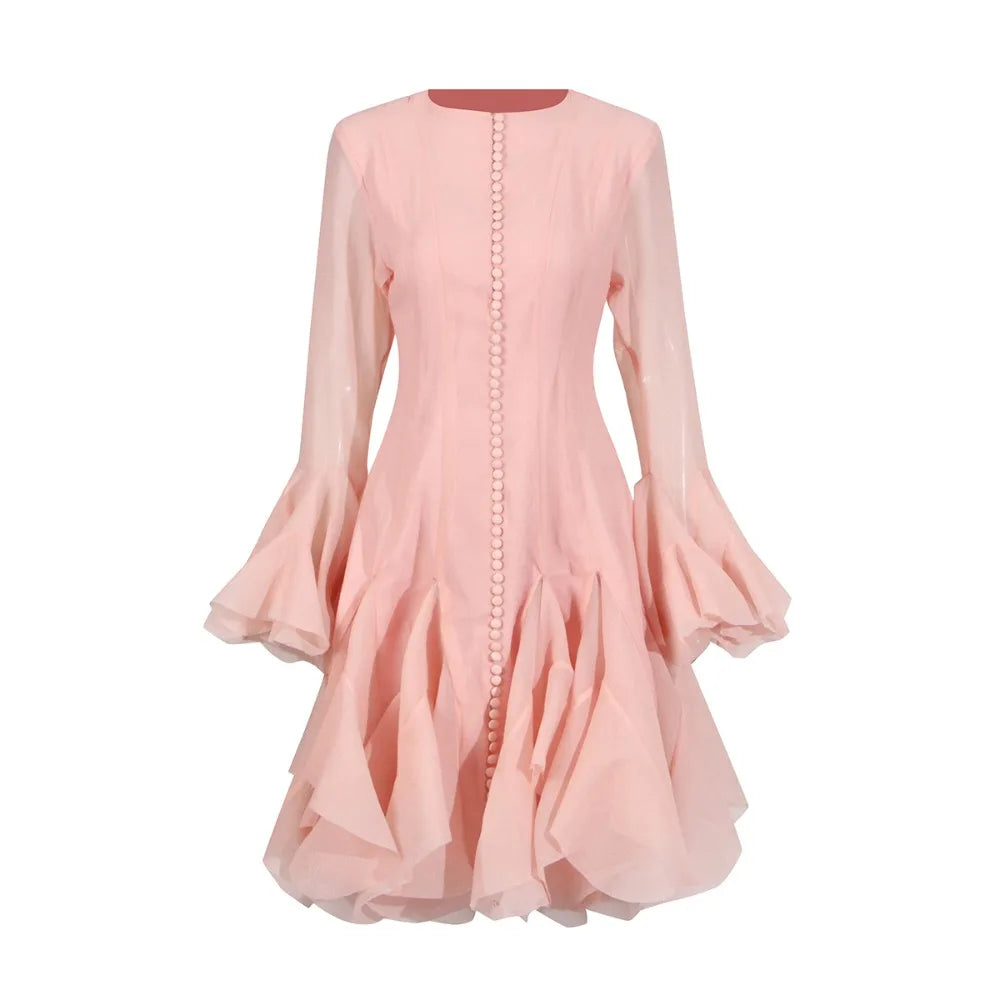 Women's Patchwork Ruffle-Sleeve A-Line Midi Dress