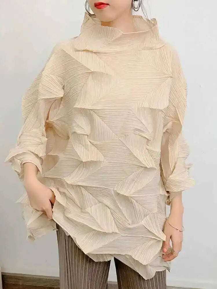 Women's Pleated Stand Collar Top | Loose Solid Colour Chic T-Shirt | Spring Summer 2026 | AvantBah