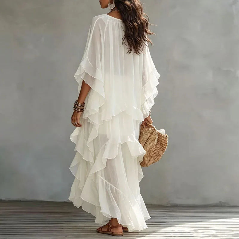 Vintage Solid Tiered Ruffle Mesh Dress Women Crew Neck Loose Batwing Sleeve Sheer Maxi Dress Elegant Holiday Travel Casual Dress