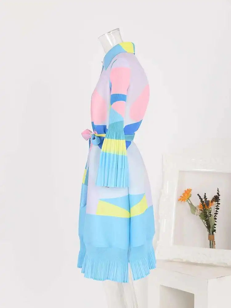 LANMREM Maxi Pleated Dress For Women Lapel Single Breasted Long Sleeves Color Block Tassel Hem Loose Chic Clothing Autumn 2R5928