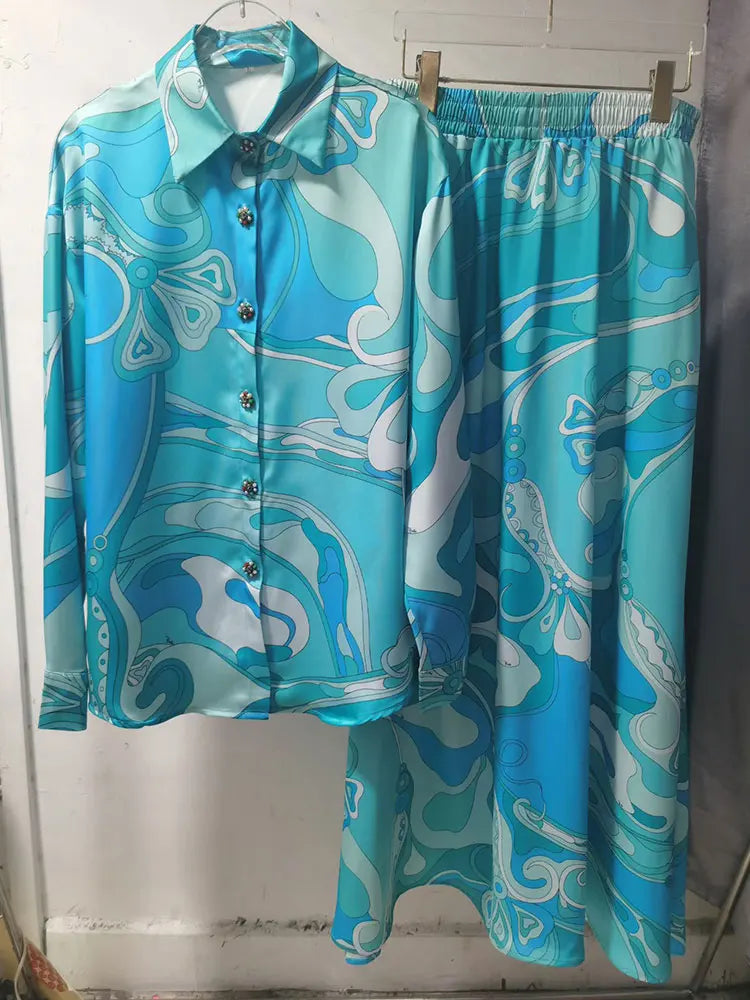 Women’s Retro 2-Piece Set – Geometric Print Long Sleeve Shirt & Elastic Waist Midi Skirt | Cotton Blend | S–XXL | 8 Colours