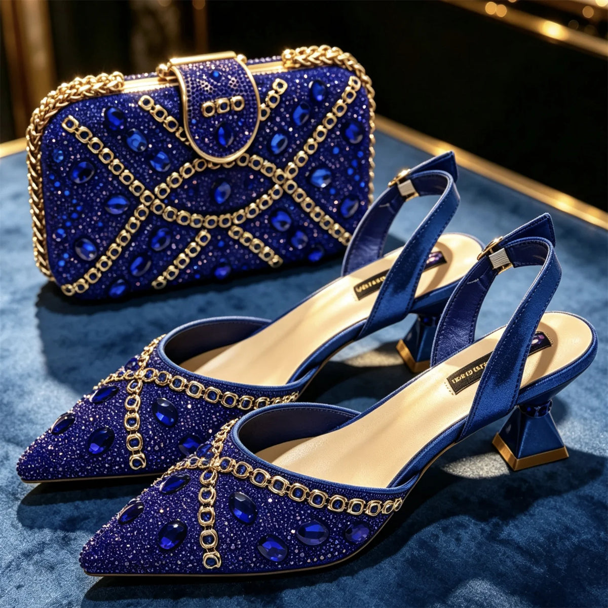 New Italian Design Blue Rhinestone High Heel Shoes & Bag Set Elegant Pointed-Toe For Women Wedding Party Evening Occasions