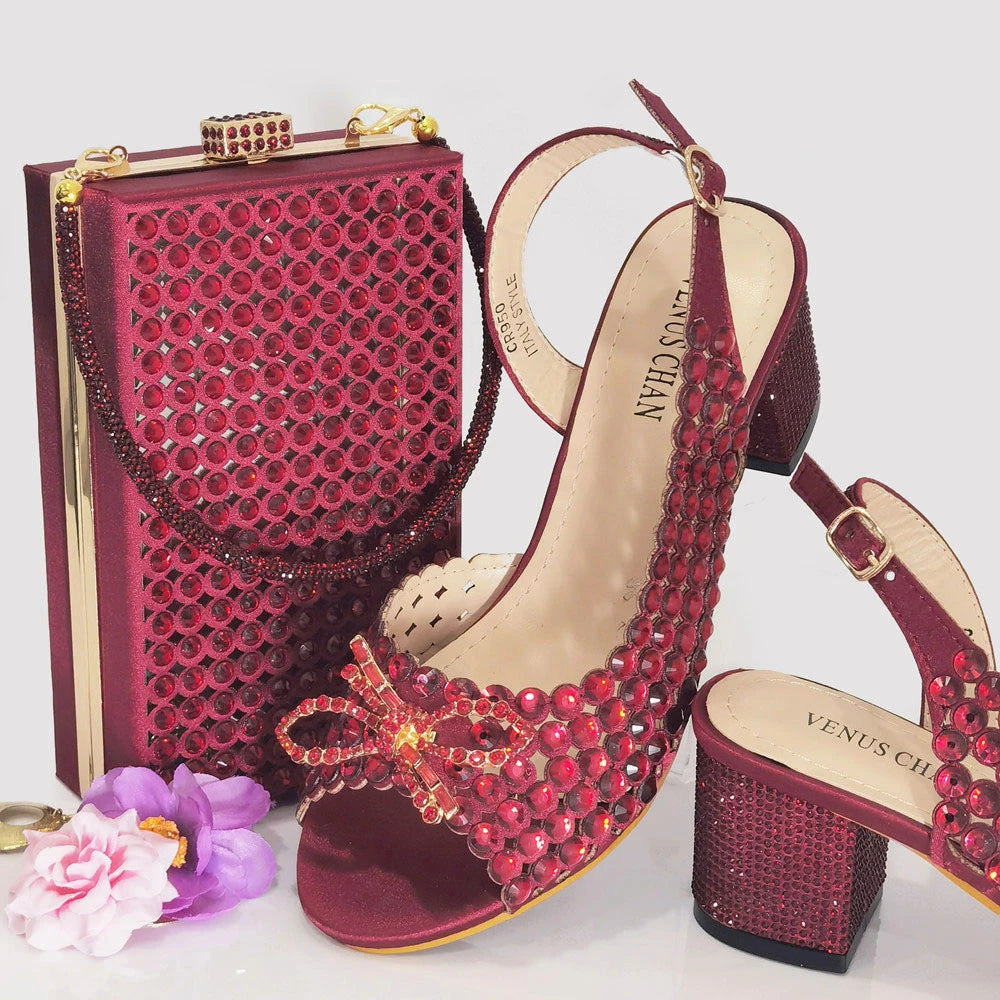 Italian Design Full Drill Elegant Wine Evening High Heels Wedding Party Shoes Matching Clutch Handbag