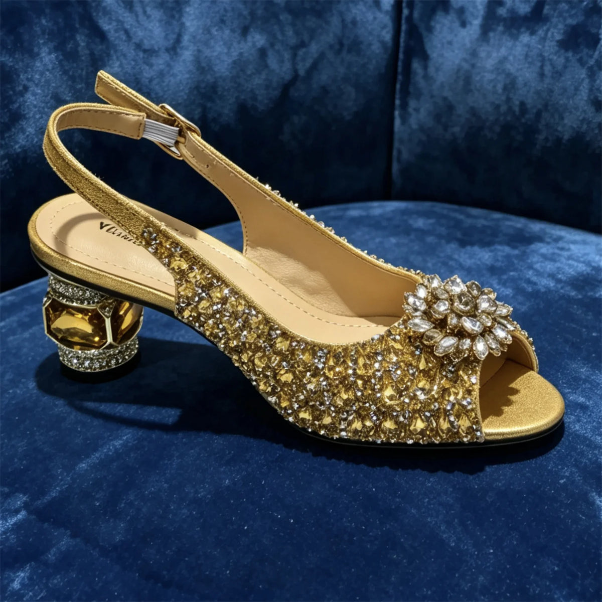 Sky Gold Elegant Nigerian Rhinestone Wedding Shoe and Bag Set Italian Inspired High Heels and Matching Handbag