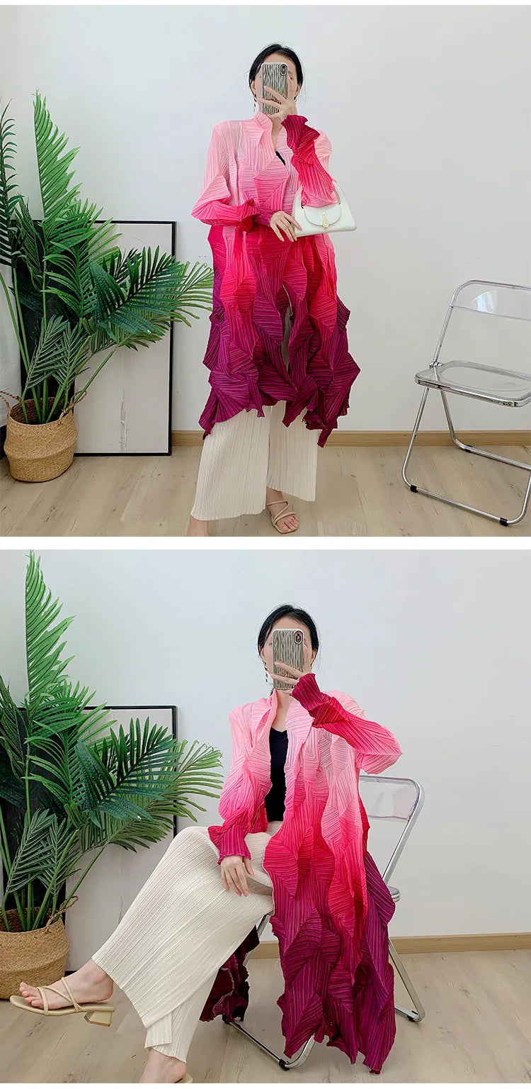 Women's Miyake Pleated Gradient Cardigan Cape Jacket | Loose Mid-Length Autumn Coat 2025 | AvantBah