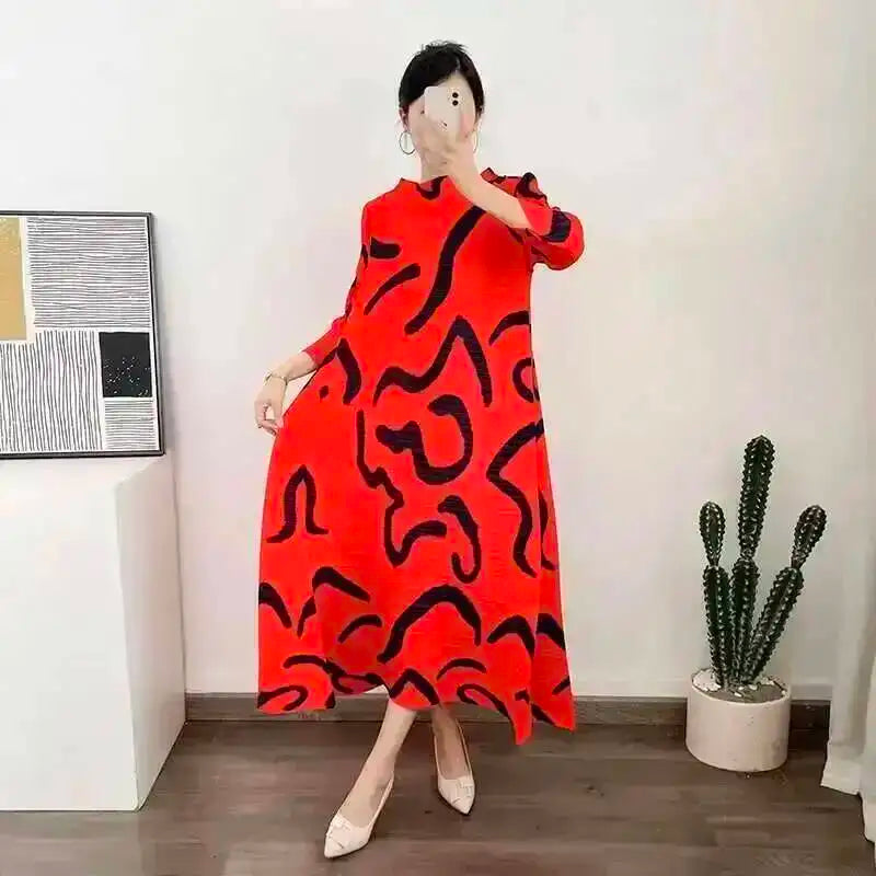 LANMREM Color Block Pleated Dress Women Loose Style Long Length Fashion Dresses Festival Clothes 2024 Spring Summer New 2DA1028