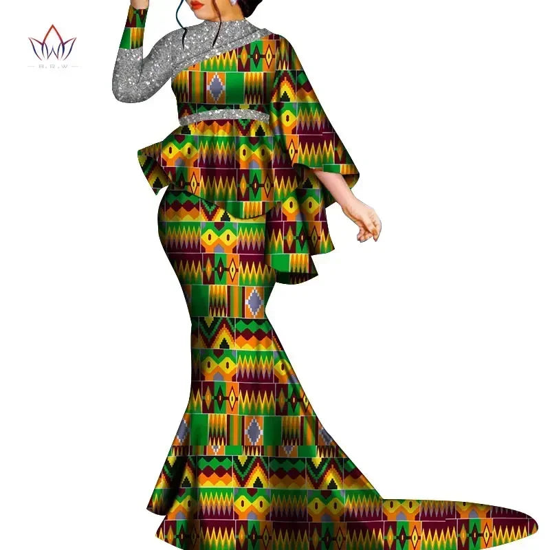 Women’s Ankara Print Bazin Riche 2-Piece Set – Sequin Bat Sleeve Top & Long Skirt | Dashiki | Party & Wedding | XS–6XL | 12 Prints