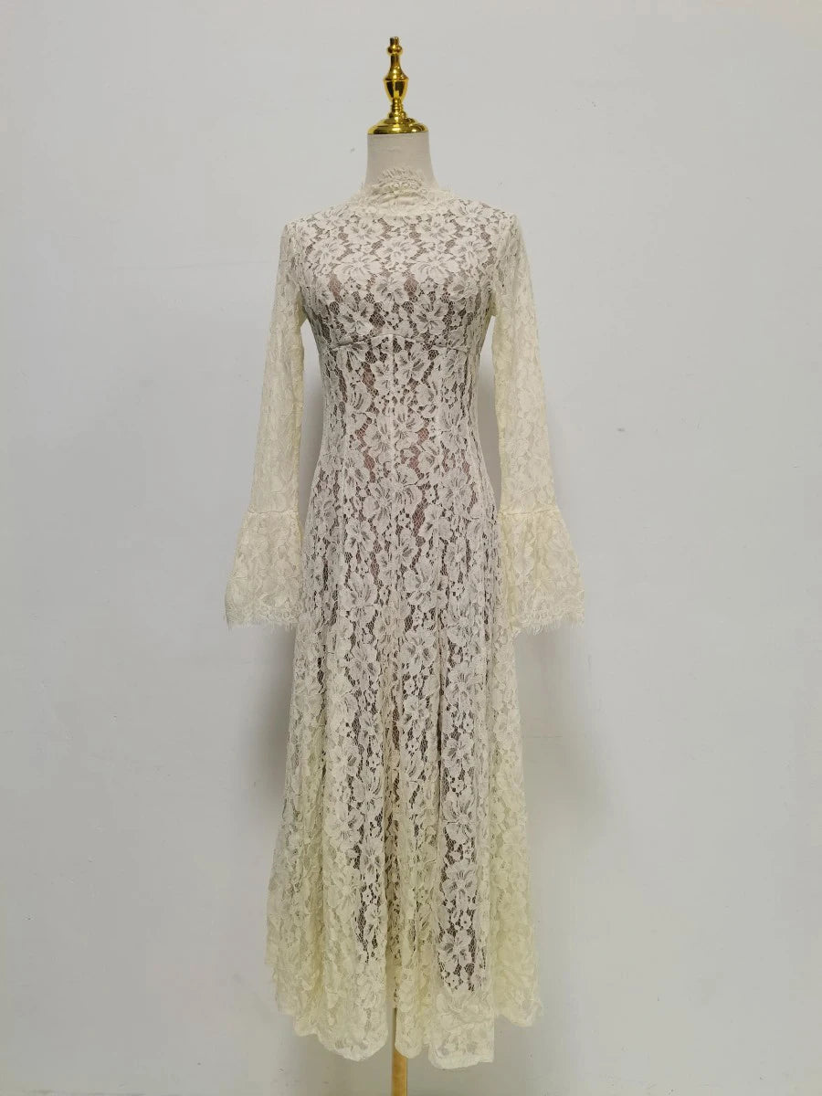 VGH White Loose Spliced Lace Chic Dresses for Women O Neck Long Sleeve French Elegant Dress Female Summer Fashion Style Clothing