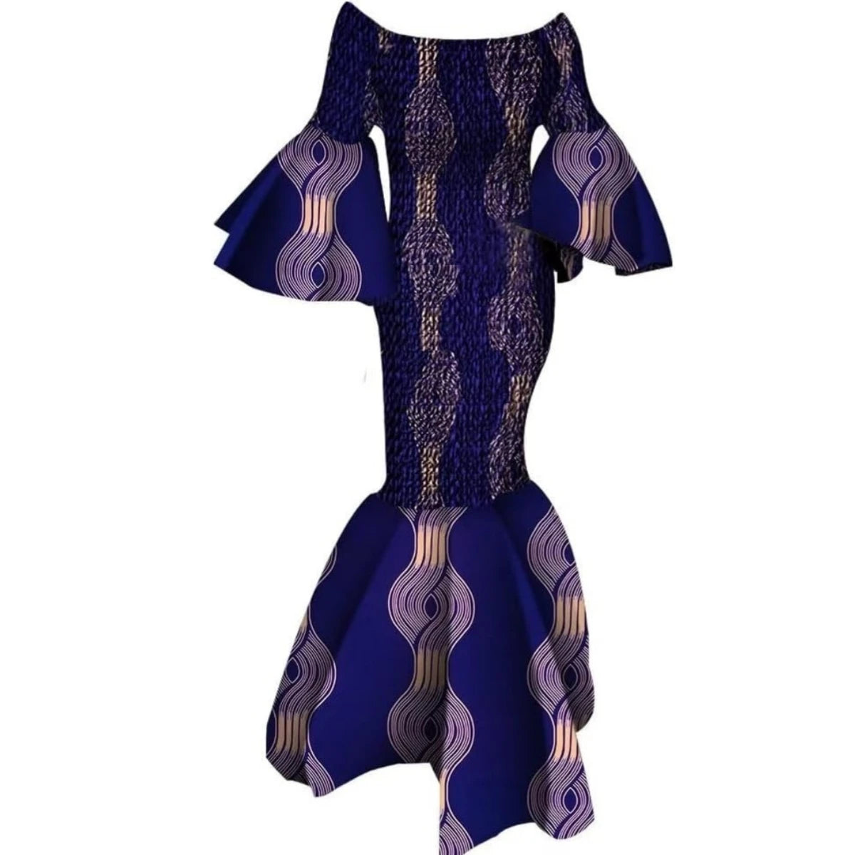 Women’s Ankara Print Ruffle Sleeve Stretch Maxi Dress – Draped | Kanga | Wedding, Party & Casual | XS–6XL + Custom | 9 Prints