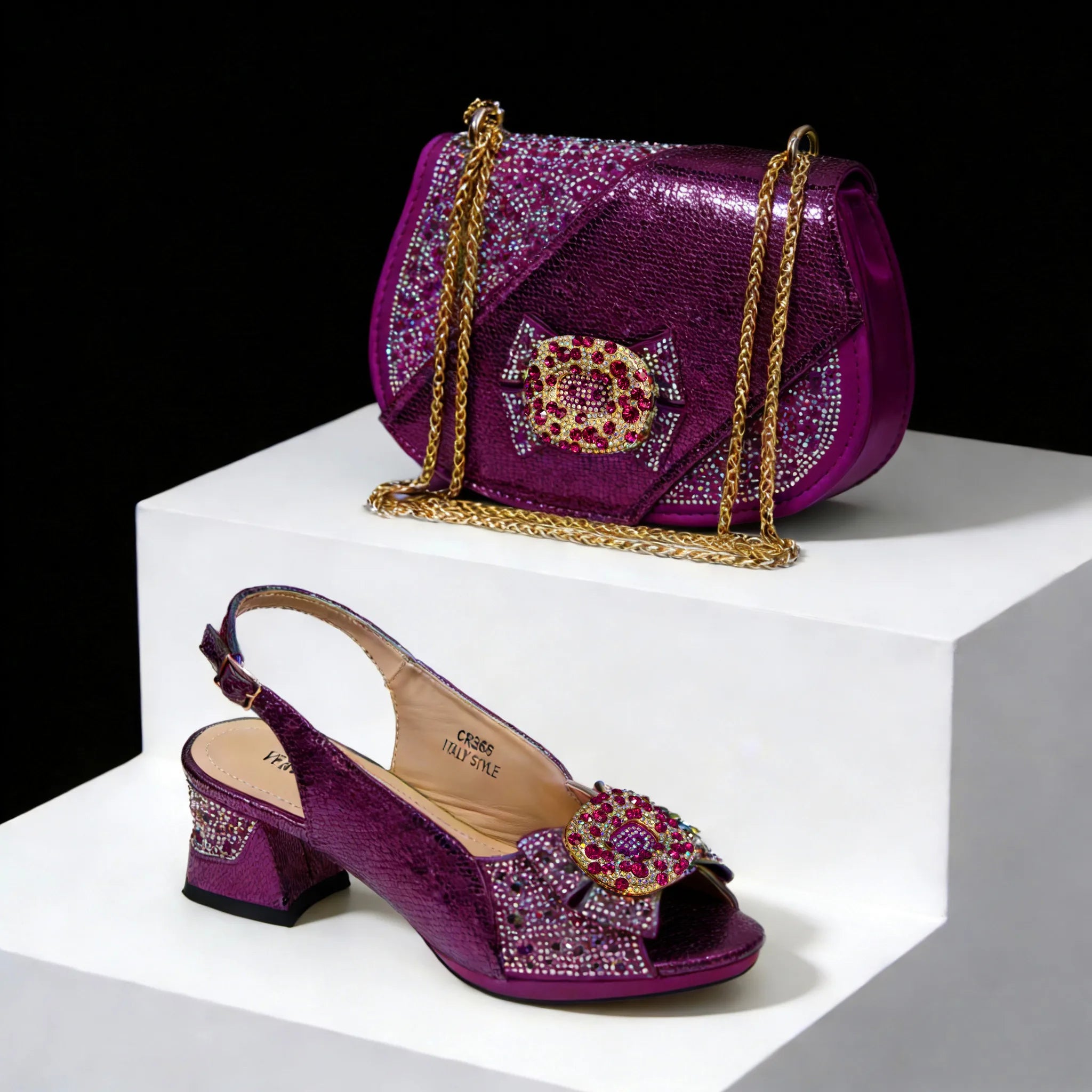 Women Elegant Orange High Heel Shoe and Matching Bag Set with Rhinestone Accents Stylish Peep Toe Design for Party