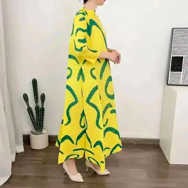LANMREM Color Block Pleated Dress Women Loose Style Long Length Fashion Dresses Festival Clothes 2024 Spring Summer New 2DA1028