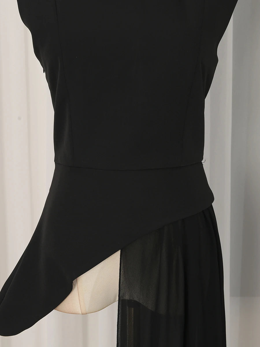 VGH Office Elegant Spliced Zip Sleeveless Shirts for Women O Neck Irregular Hem Spliced Mesh Ribbon Minimalist Blouse Female New