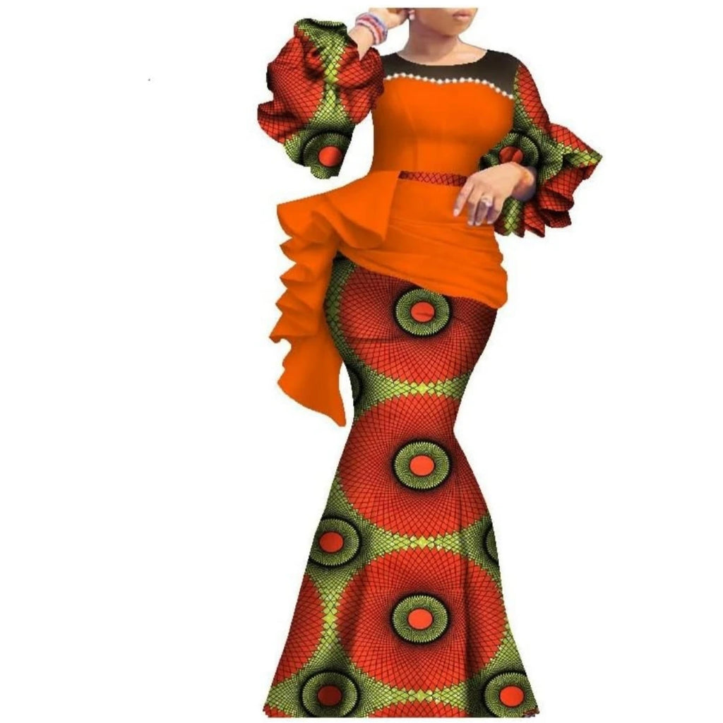 African Women's Long Dress Dashiki Traditional Costume Pearl Dresses Lantern Sleeve Ankara Wedding Party Clothing WY7769