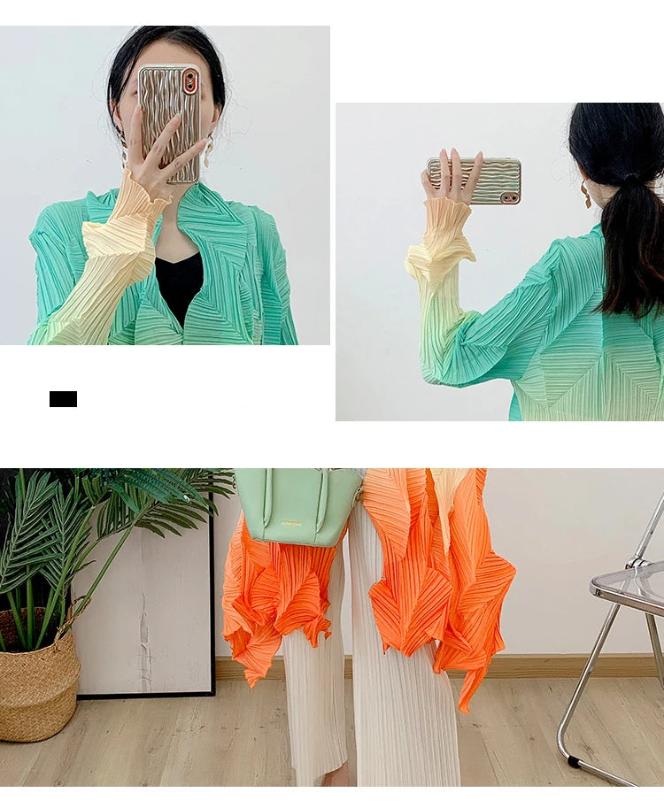 Women's Miyake Pleated Gradient Cardigan Cape Jacket | Loose Mid-Length Autumn Coat 2025 | AvantBah