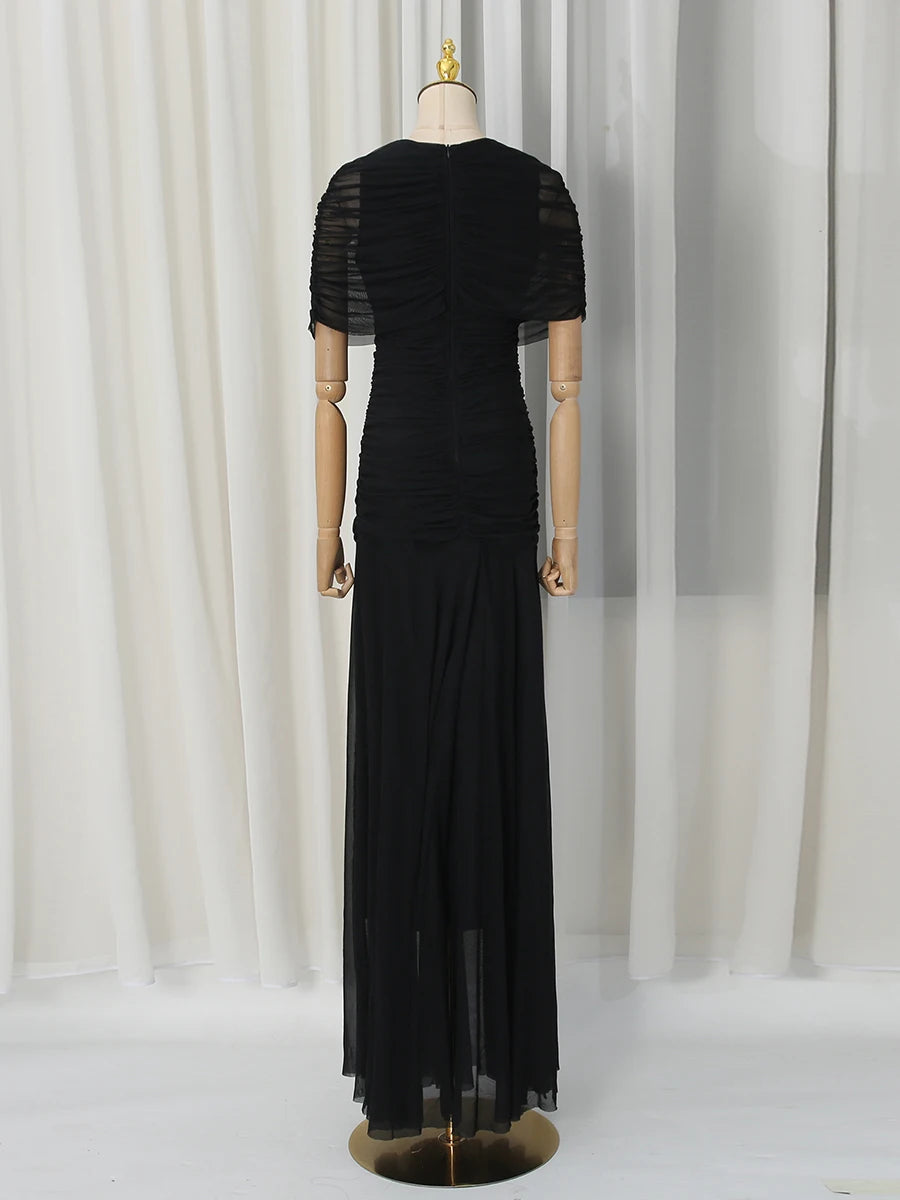 VGH Luxury Galas Event Black Sheer Mesh Ruched Maxi Dress for Women O Neck Short Sleeves Bodycon Silhouette Skirt for Red Carpet