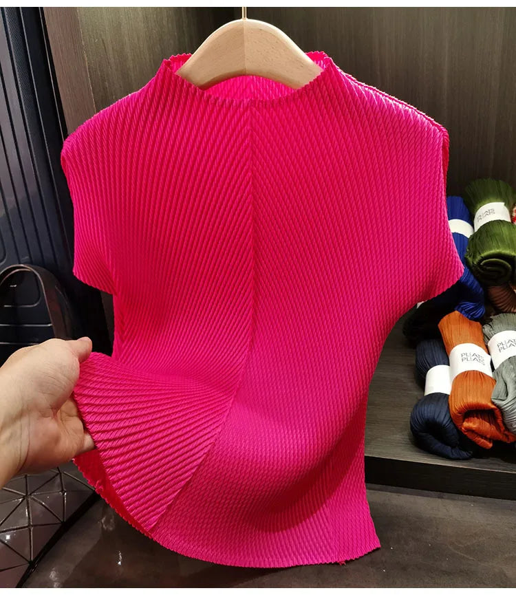 LANMREM Stand Collar Dragon Scale Pleated T-shirt High-end Versatile Slimming Short Sleeved Women's Summer Pullover Tops 2DB3044