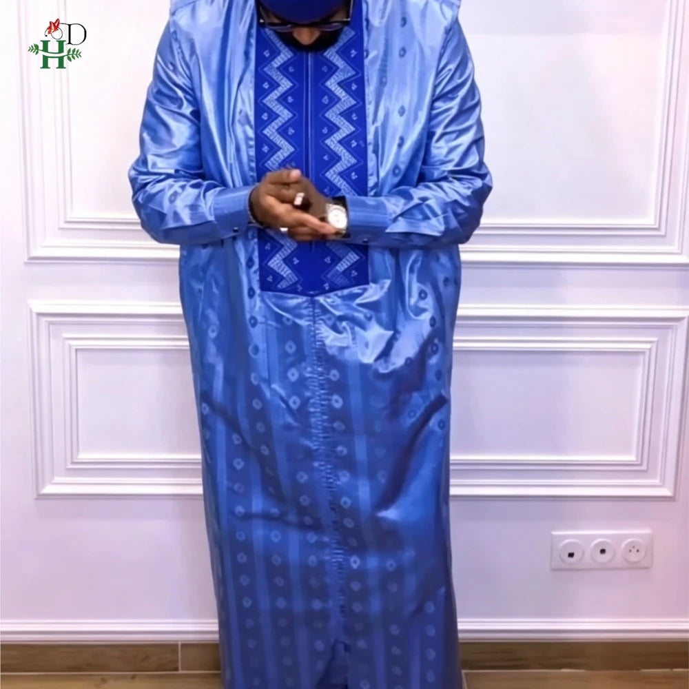 H&D 2026 African Clothing For Man Traditional Agbada Sets 3PCS Blue Thobe Pant Suits Bazin Riche Embroidery Wedding Party Dress