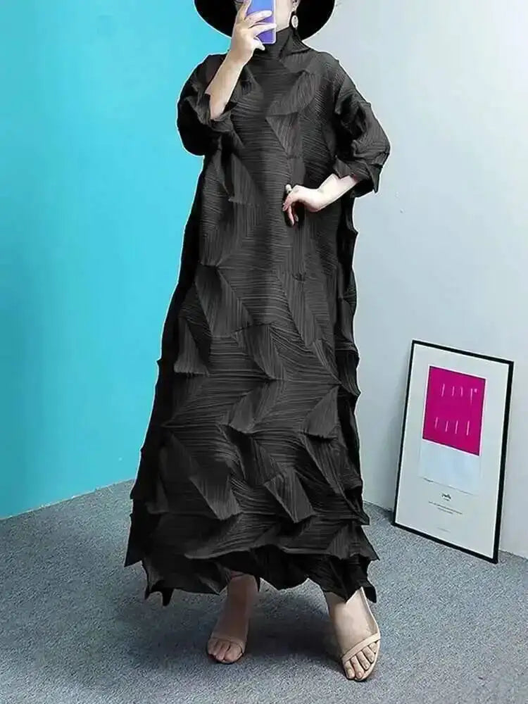 Women's Pleated Maxi Dress | Turtleneck Solid Colour Loose A-Line | Spring Summer 2025 | AvantBah
