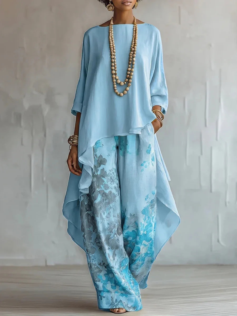 Casual Two Piece Set Loose O-neck 3/4 Sleeve Irregular Solid Color Extended Top Printed Wide Leg Pants Suit Fashion Commuting