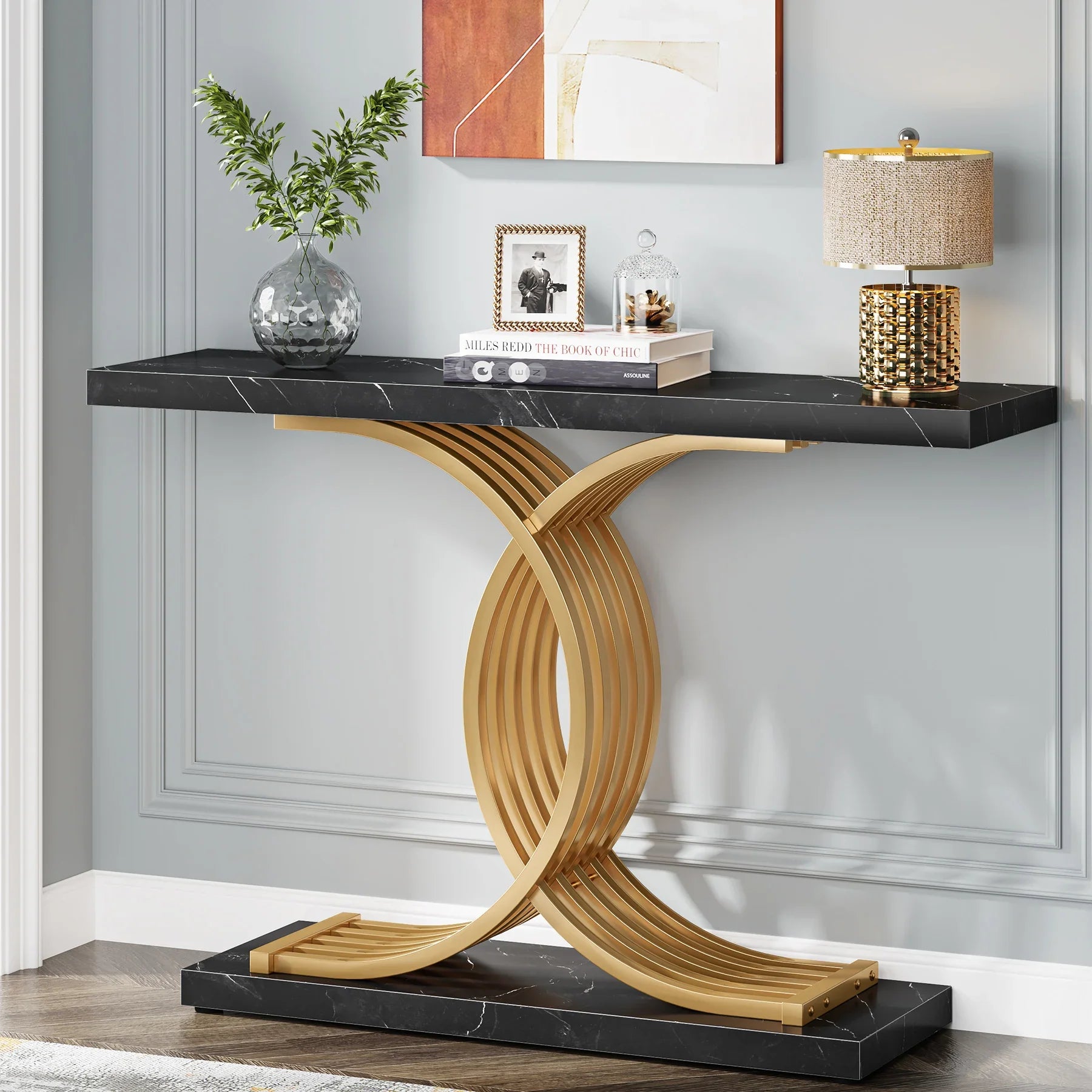 Gold Entryway Table, Modern 39-Inch Console Faux Marble Narrow Wood Sofa with