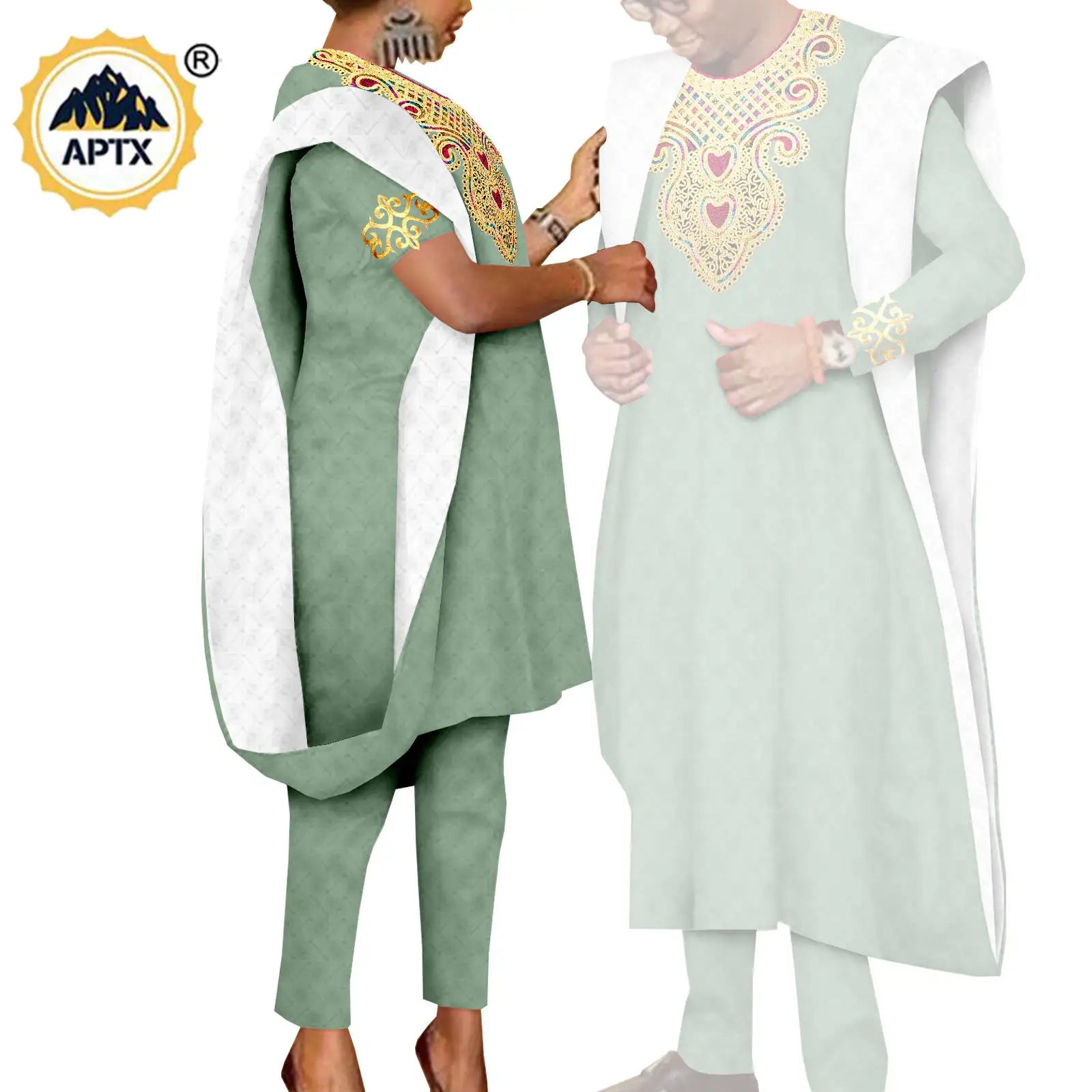 African 3 Pieces Suit for Men Matching Couple Outfits Agbada Dashiki Women Muslim Sets Bazin Riche Applique Robes Asoebi Y23C029