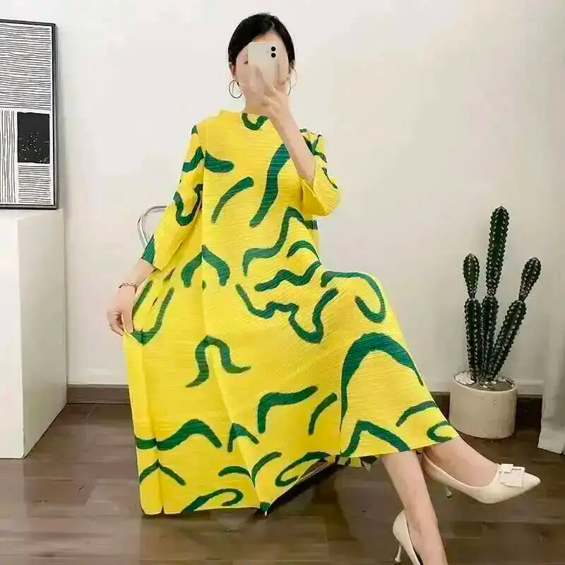 LANMREM Color Block Pleated Dress Women Loose Style Long Length Fashion Dresses Festival Clothes 2024 Spring Summer New 2DA1028