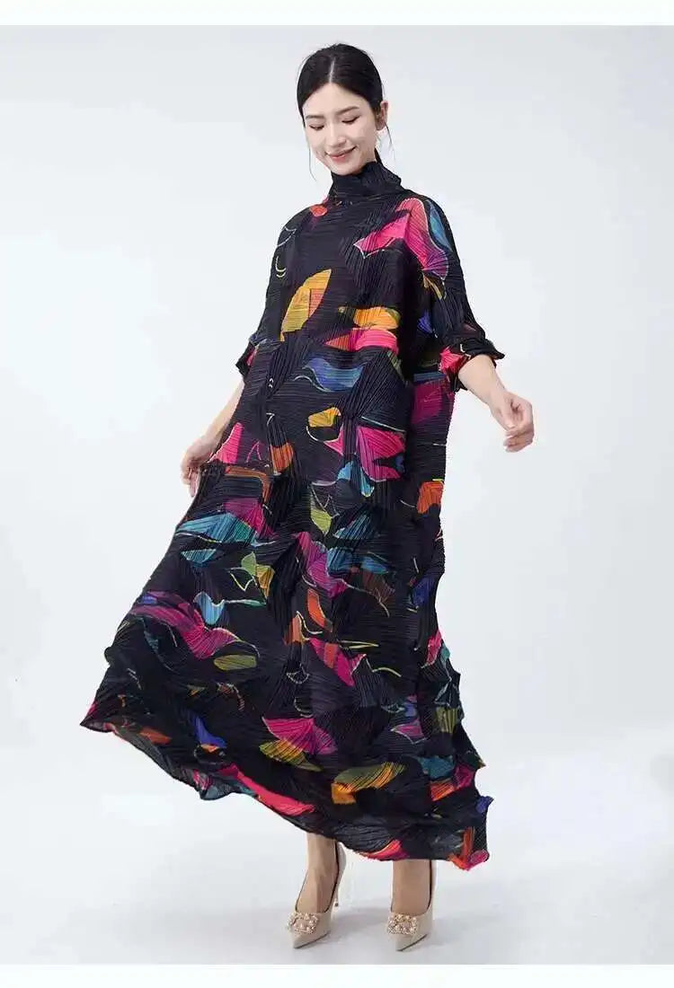 LANMREM Large Size Pleated Dress For Women Turtleneck Printing Loose Dresses Female Casual Clothing 2025 Spring New 2DB2113